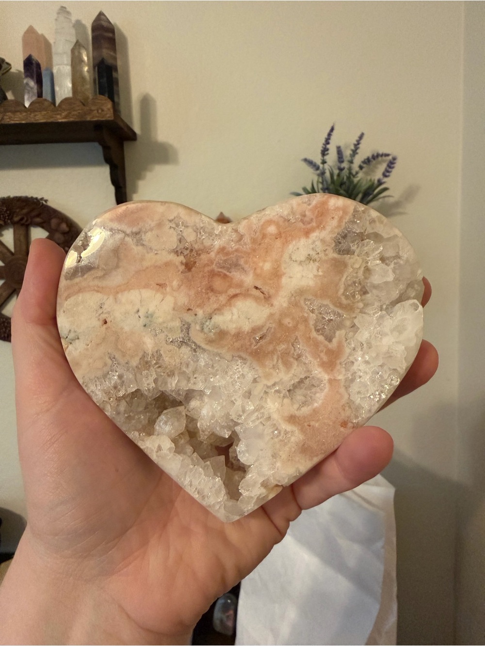 Pink Amethyst Druzy Heart on Custom Pink Stand – 555g